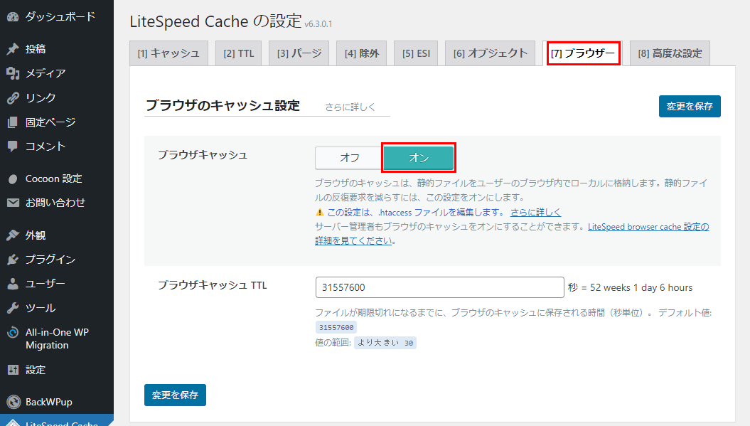 LiteSpeed Cache　ブラウザーの設定